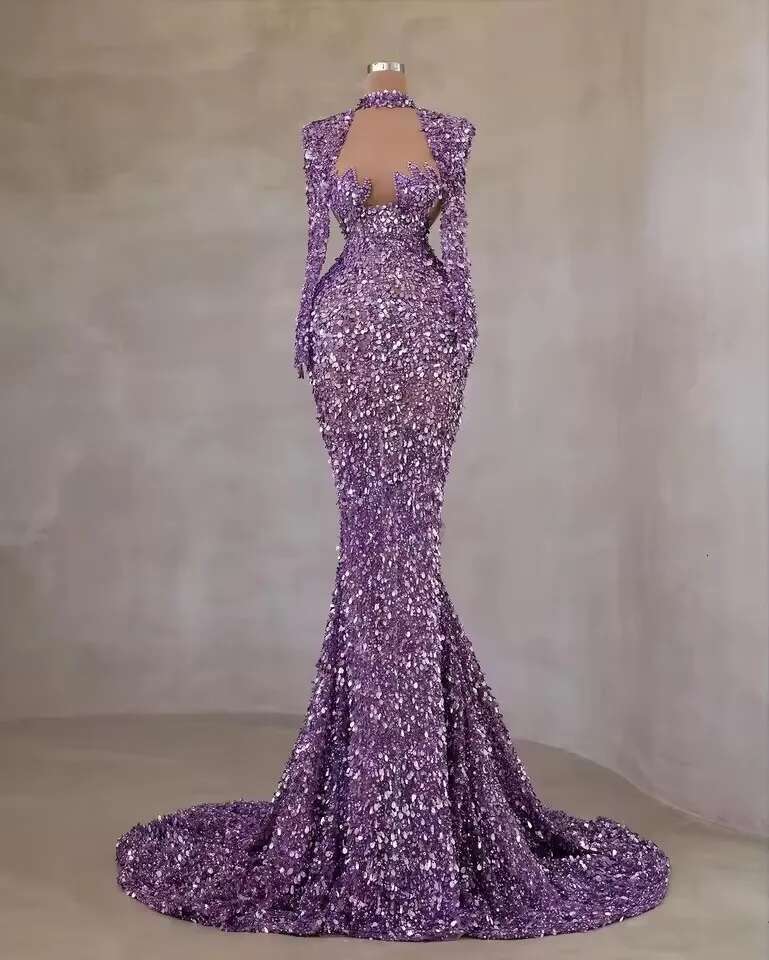 Purple Gorgeous Sequined Mermaid Evening Dresses Beads Long Sleeve Slim Ruched Women Party Pageant Prom Gowns