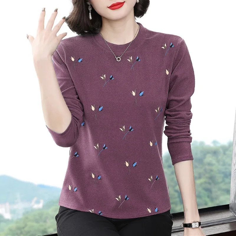 Autumn Winter Velvet Base Layer Top Slimming Womens Leaf Print T-shirt Warm Long Sleeve Female Blouses Shirt 250217