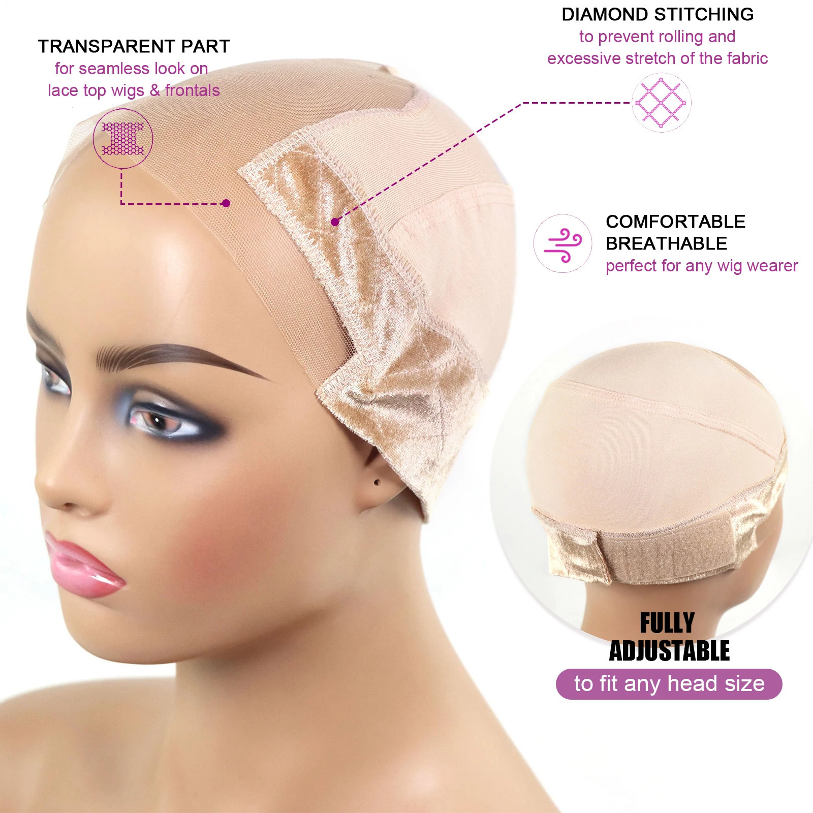 4x4 Lace Wig Grip Cap for Women Adjustable Wig Cap with Headband Non-Slip Wig Gripper to Keep Wigs Lace Front In Place Nude 250214