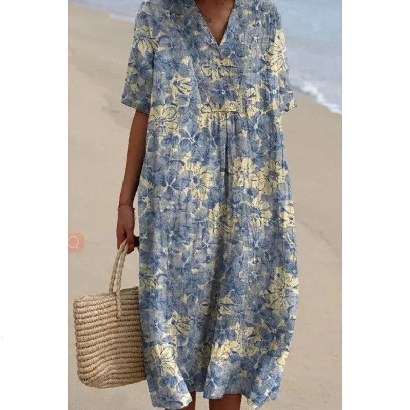 Womens floral print summer mini dress color V-neck short sleeved casual loose vacation exercise beach wear dress robe Traf 250213