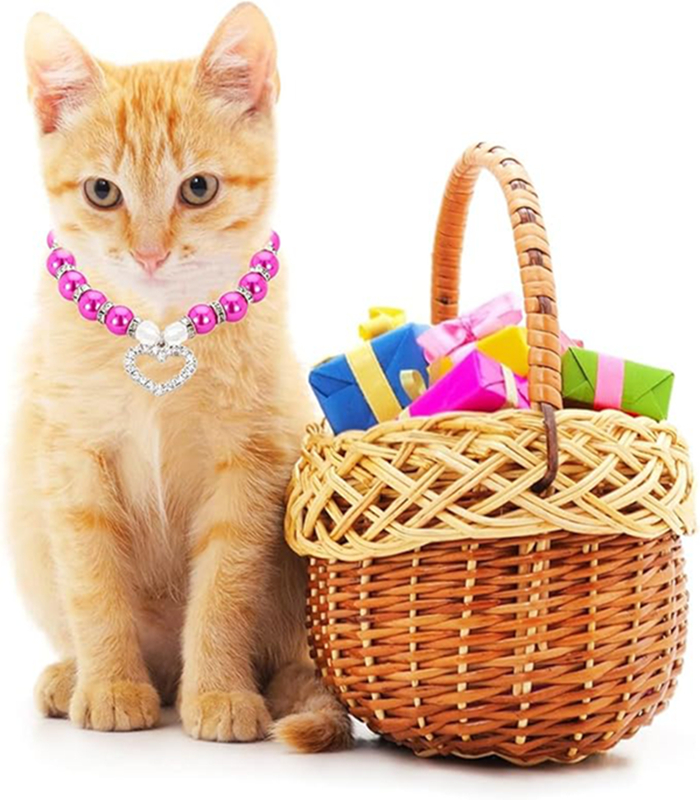 Blue Dog Pearl Necklace Collar with Crystal Rhinestone Heart Pendants,Fancy Cat Wedding Necklace Jewelry, Bling Pet Collar Birthday Gift for Small Med