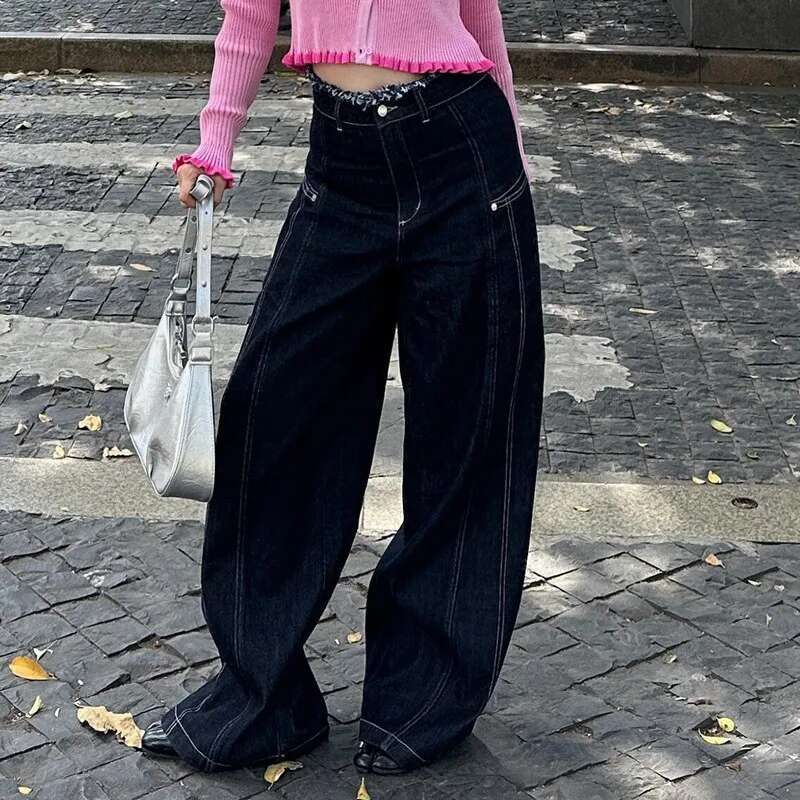 Black Jeans Women Vintage High Waisted Straight Trouser Hip Hop Loose Y2k American Streetwear Wide Leg Classic Denim Pants