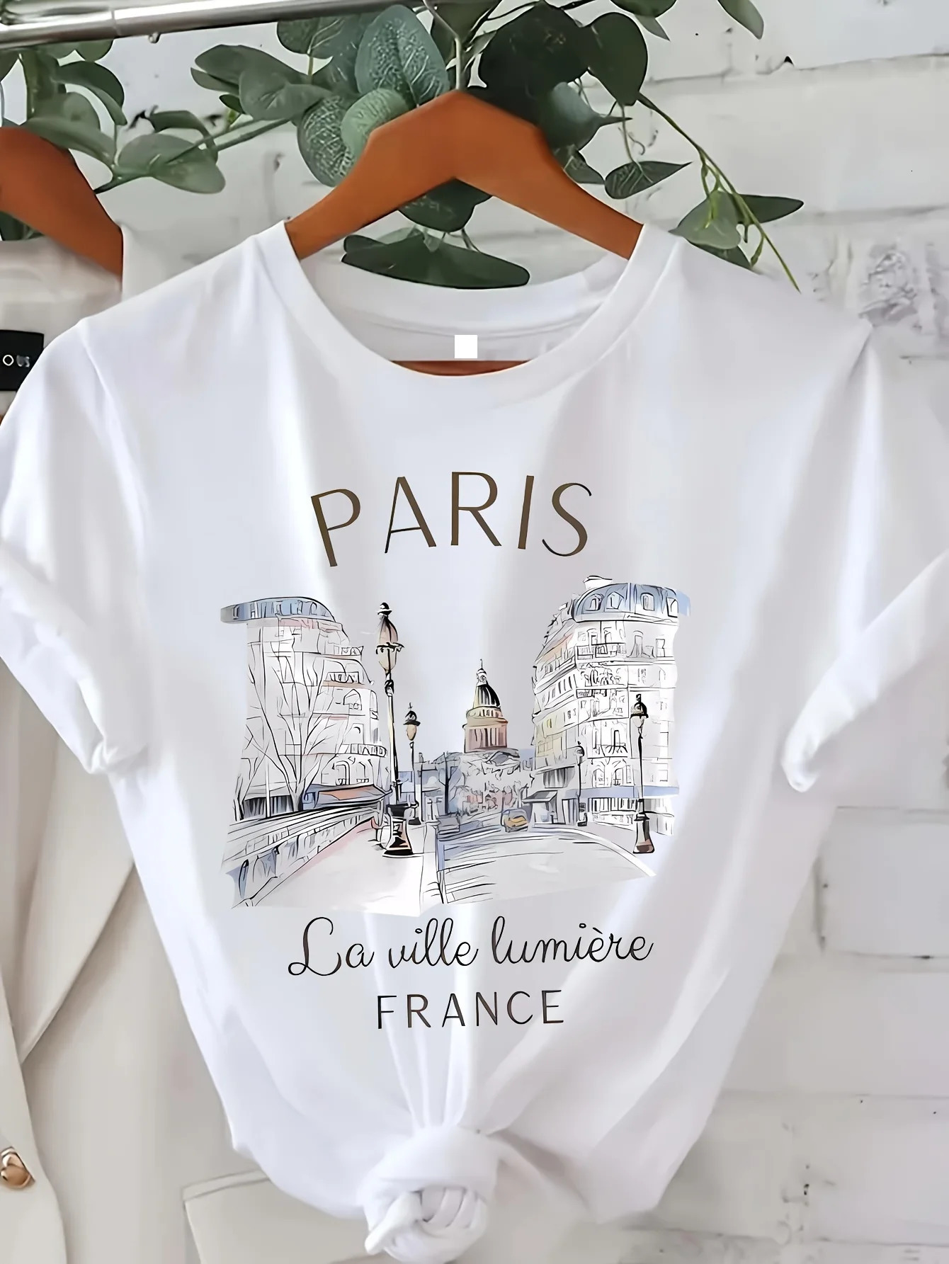 Paris Women Print T-shirt Short Sleeve Crew Neck Casual Top for Summer Spring Womens Clothing 250217