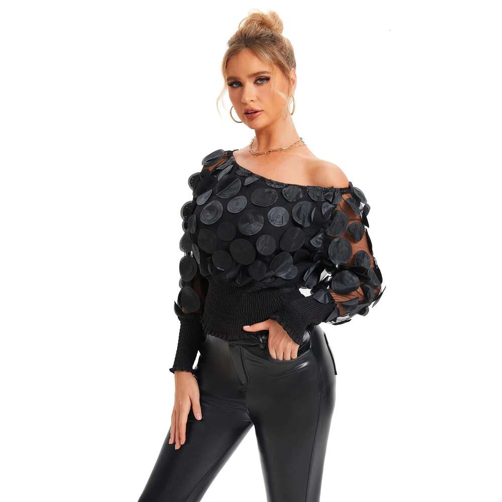 Applique Slant Shoulder Blouse, Elegant Long Sleeve Blouse For Spring & Fall Women's Clothing