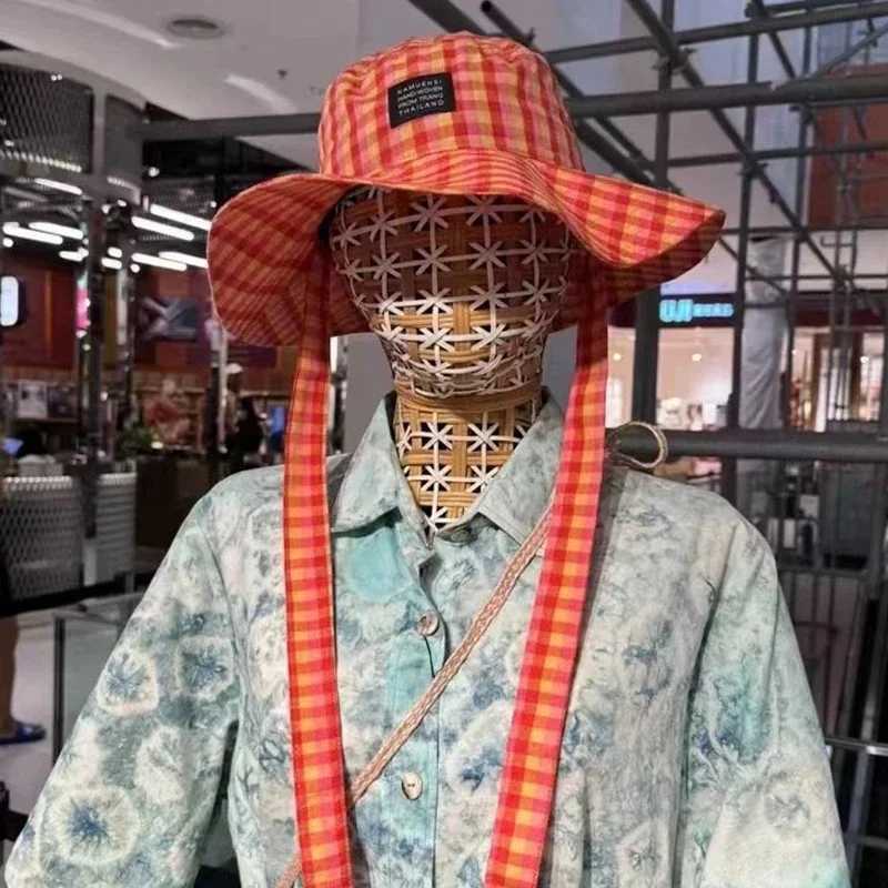 Ins Blogger Retro Plaid Tie Strap Bucket Hat Women Summer Travel Versatile Fisherman Hat Girls Fashion Popular Wide Brim Sun Cap W250217