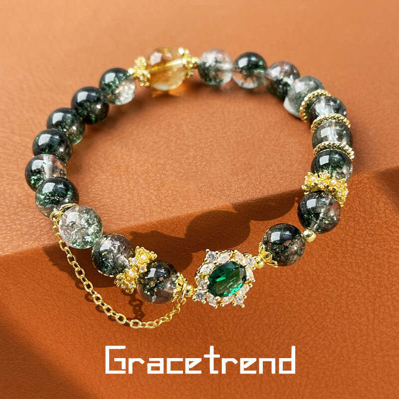 Natural Stone Green Ghost Crystal Handmade Bead Light Premium Stretch Bracelet