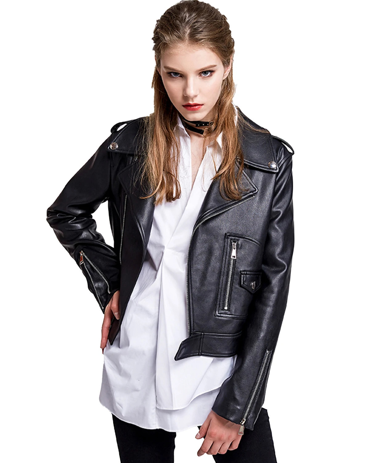 Womens Classic Faux Leather Moto Jacket Casual Pleather Jackets Short Coat 250211