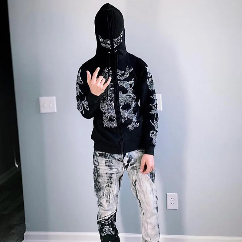 Fall Winter Rhinestone Embroidery Black Retro Jacket Men Women Hooded Sports Long Sleeve Oversized Casual Zipper Jackets Y2k Top 250211