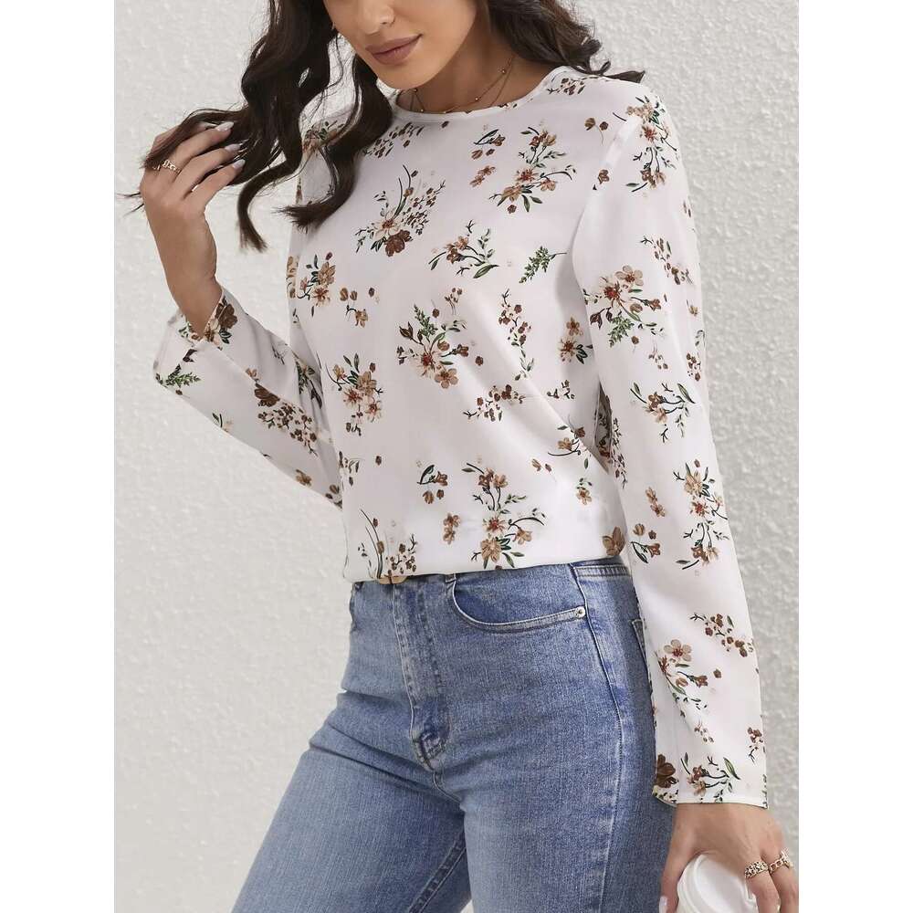 Ladies Ral Print O Neck Casual Long Sleeve Blouse Women Tops Shirts