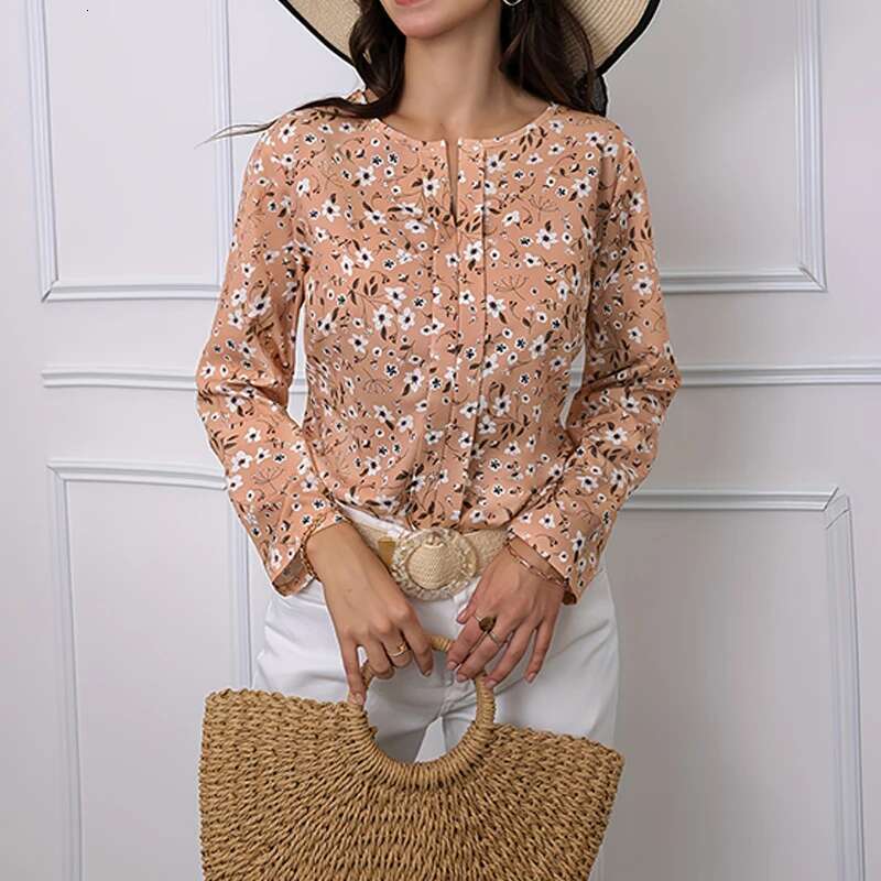 2024 Women's Small Ral Print Design Round Neck Fashion Long Sleeve Shirt Summer And Autumn Breathable Fiber New Standar