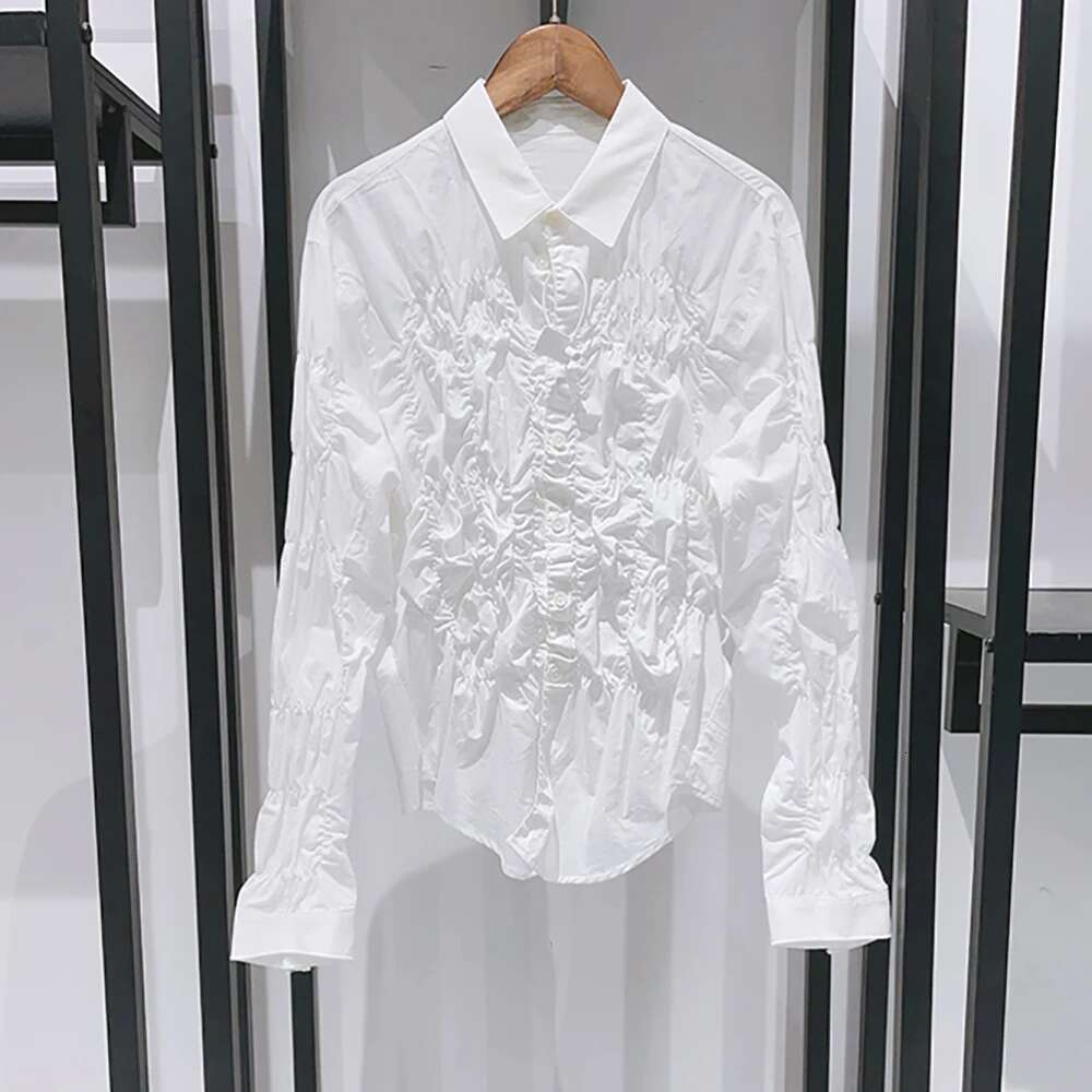 Cotton Women's Blouse Y2k Fashion Personalized Stretchy Drawstring Pleated Slim Polo Collar Long Sleeve Shirt Tops 2025 Fall New