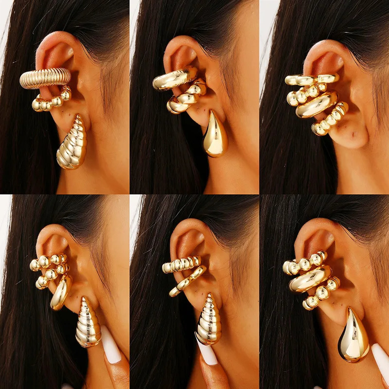 4Pcset Vintage Geometric Clip Earring Women Trendy Glossy C Shape No Piercing Cartilage Ear Cuff Jewelry Accessories 250213