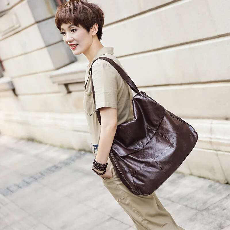 New Fashionable Top Layer Genuine Leather Large Capacity Shoulder Simple Women's Diagonal Cross Toe Layered Cowhide Tote Bag