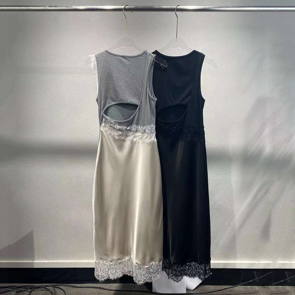 Clashing Cotton Women's Y2k Lace Splicing Back Hollow Out Elegant Commuter Round Neck Sleeveless Dress 2025 Summer