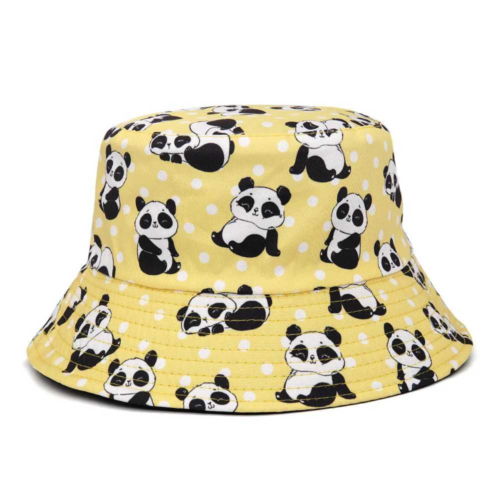 New Cartoon Panda Print Hat Childrens Fashion Versatile Sunscreen Sunshade Fishing Bucket Hat Double sided Bowl Cap W250217