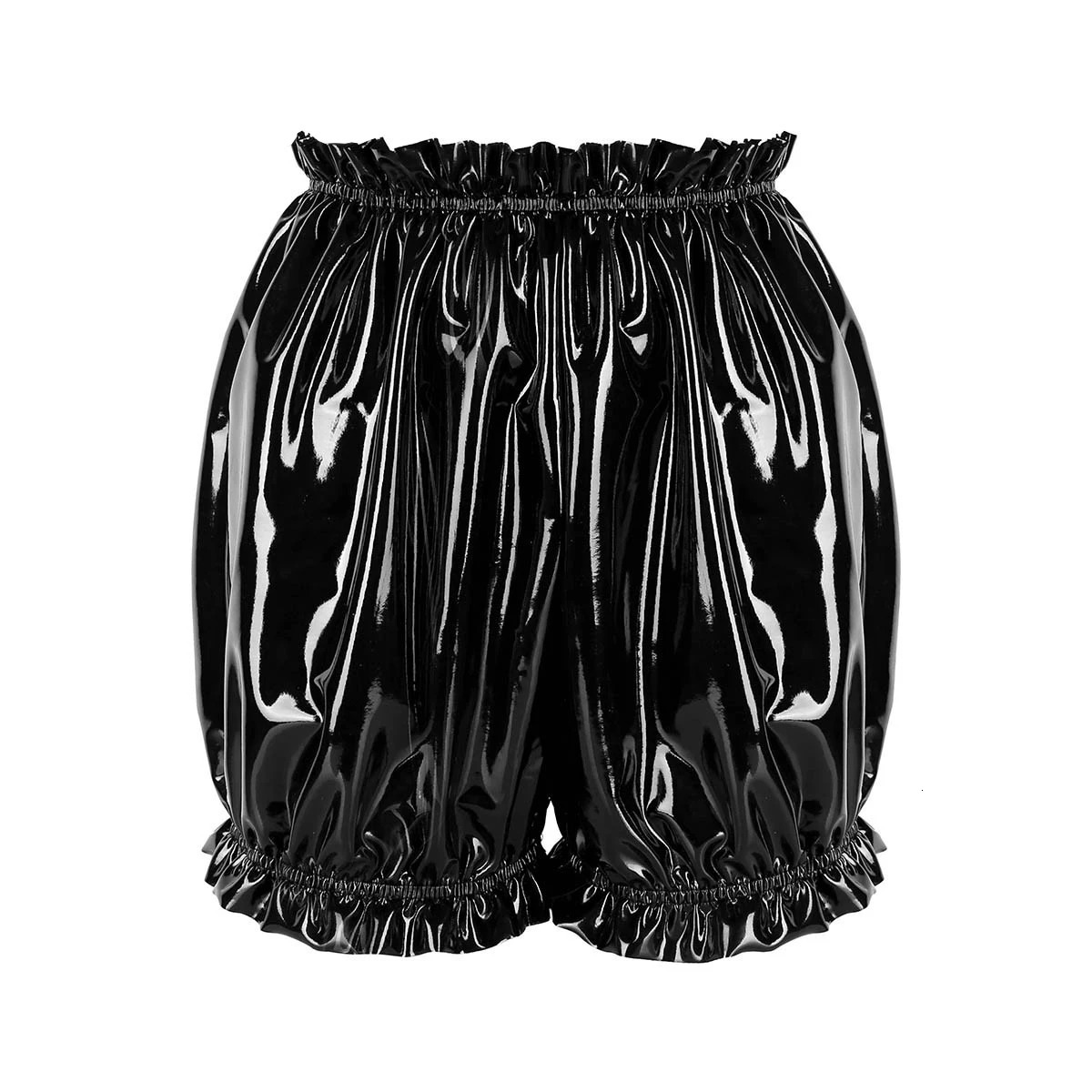 Womens Latex Rubber Short Bloomers Pants Sexy Bodycon Booty Ruffled Wet Look PVC Patent Leather Boxer Underwear Mini pants 7XL 250213