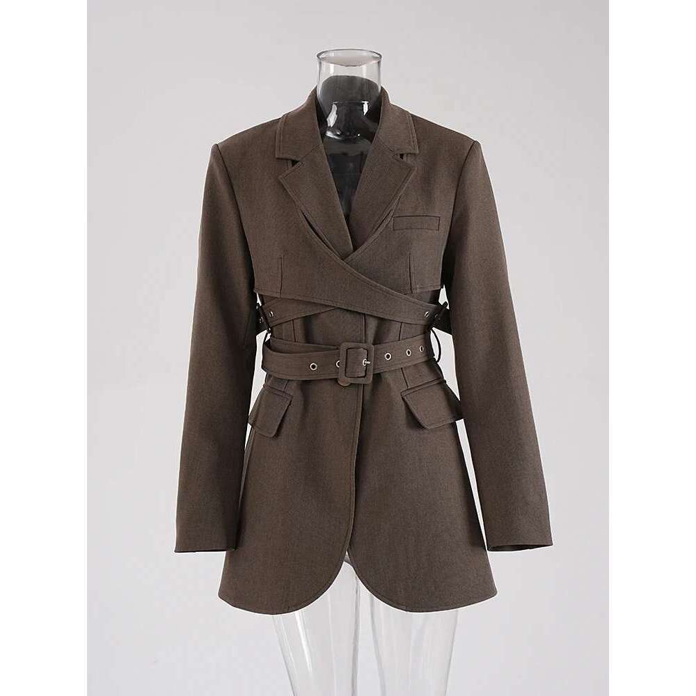 Fashion High-End Blazer Women's 2025 Autumn New Notched Long Sleeves Belt Gathered Waist Mid Legntah Coats Feamel