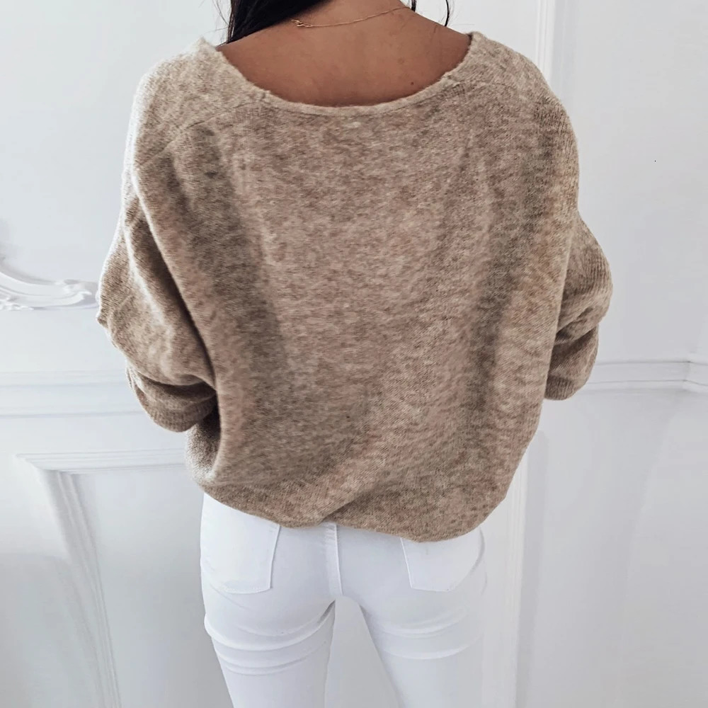 Women Elegant V Neck Knitted Pullover Vintage Long Sleeve Loose Sweater Casual Solid Wild Jumpers Knitting Tops 250211