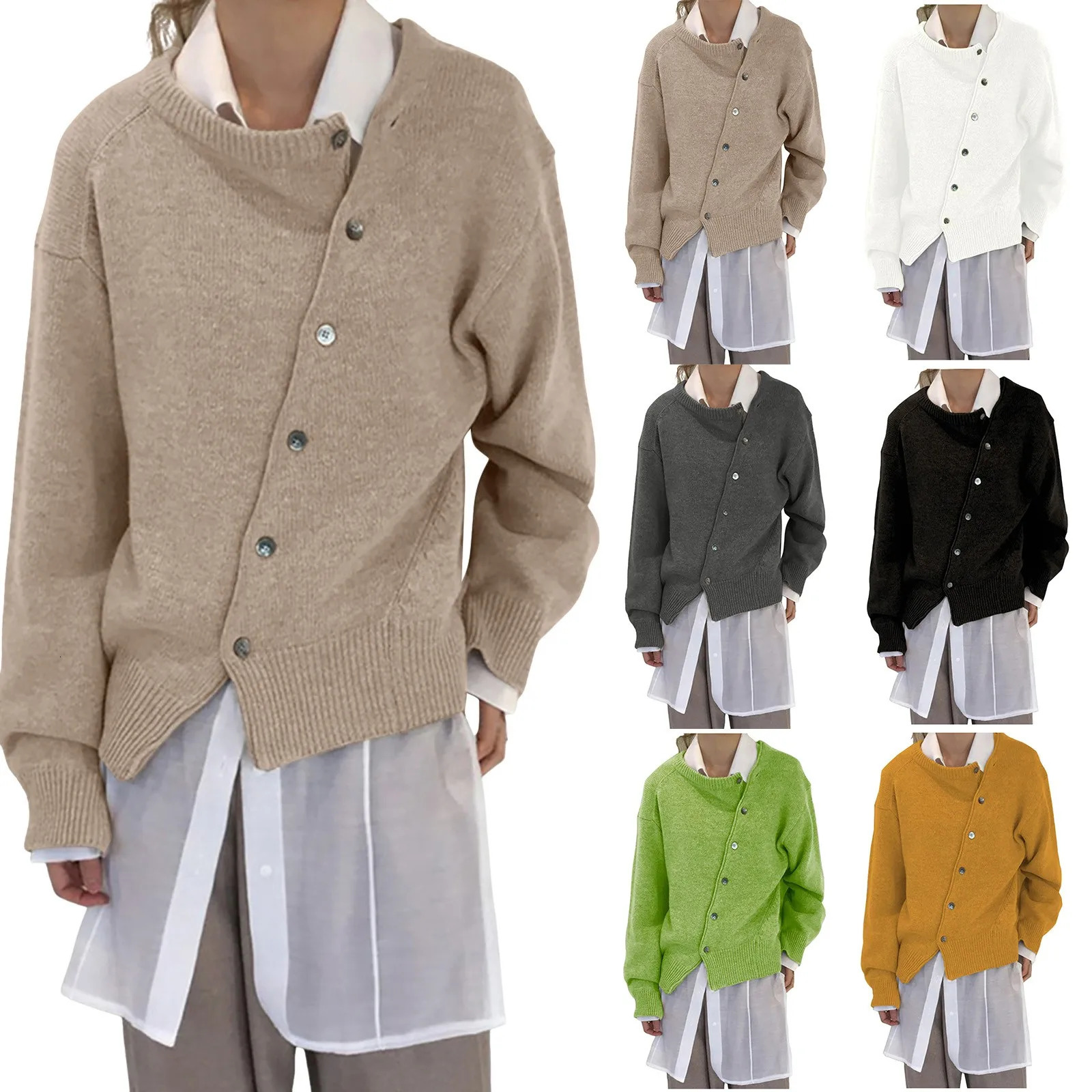 Women Chic Irregular Button Down Sweater Slouchy Front Hook Cardigan Autumn Winter Asymmetrical Knitwear Pullover Tops 250213