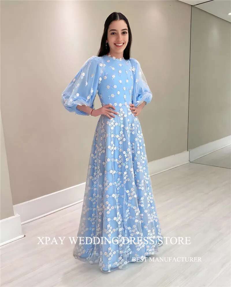 Elegant XPAY Light Blue Lace A E Evening Dresses Arabic Women Puff Sleeves Customised Or Length Prom Formal Ocn Dress vening rabic