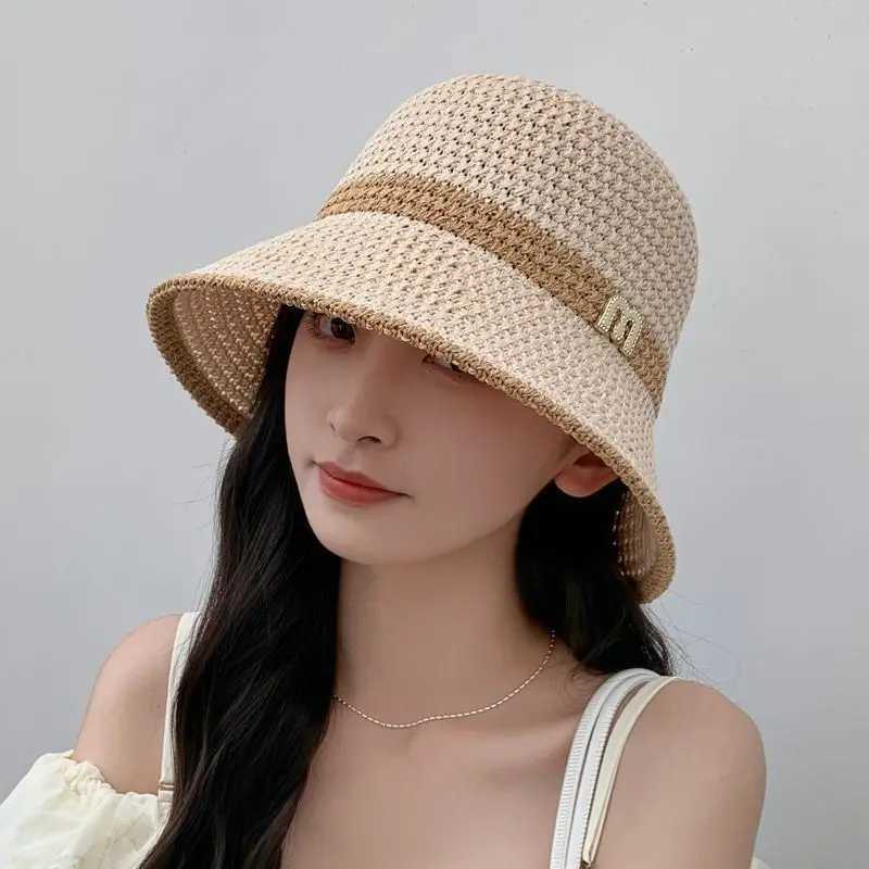 Girls sun hat wide Brim cork summer hat suitable for womens beaches Panama grass dome woven bucket hat womens sun hat W250217