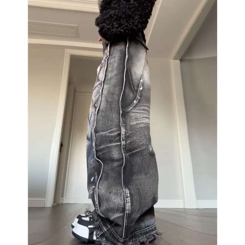 Black Gray Womens Jeans High Waist Vintage Straight Baggy Pants Streetwear American Style Fashion Wide Leg Denim Trouser