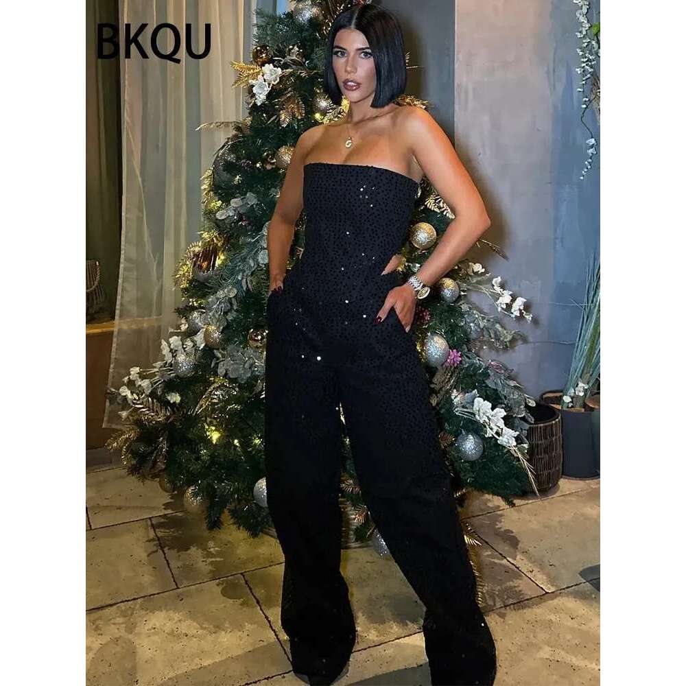 BKQU Fashion Sequins 2 Piece Set Women Sexy Strapless Tank Tops and Loose Long Pants Female Party Club Chic Outfits