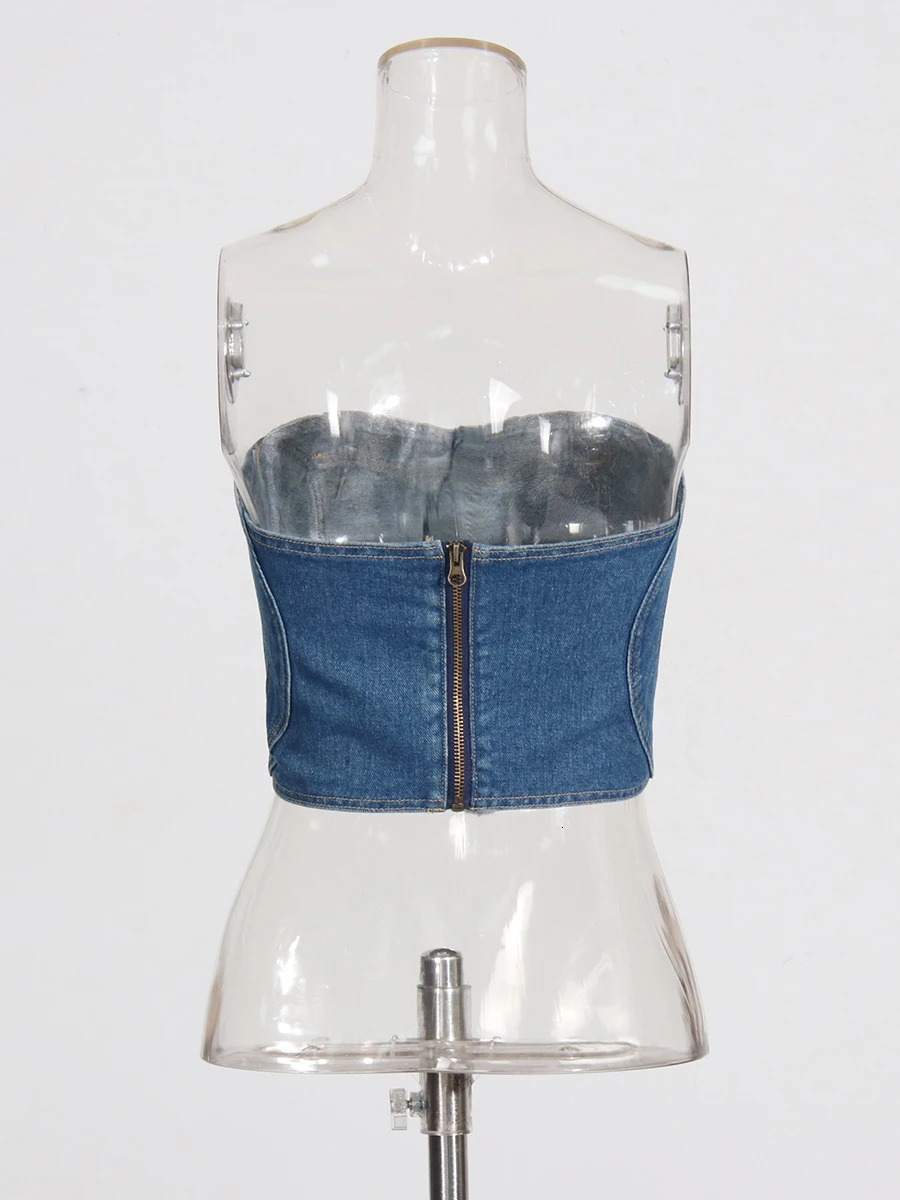 TWOTWINSTYLE Hit Color Set For Women Strapless Sleeveless Love Patchwork Sexy Vest Wide Leg Hollow Out Jeans Fashion Set Female 250210