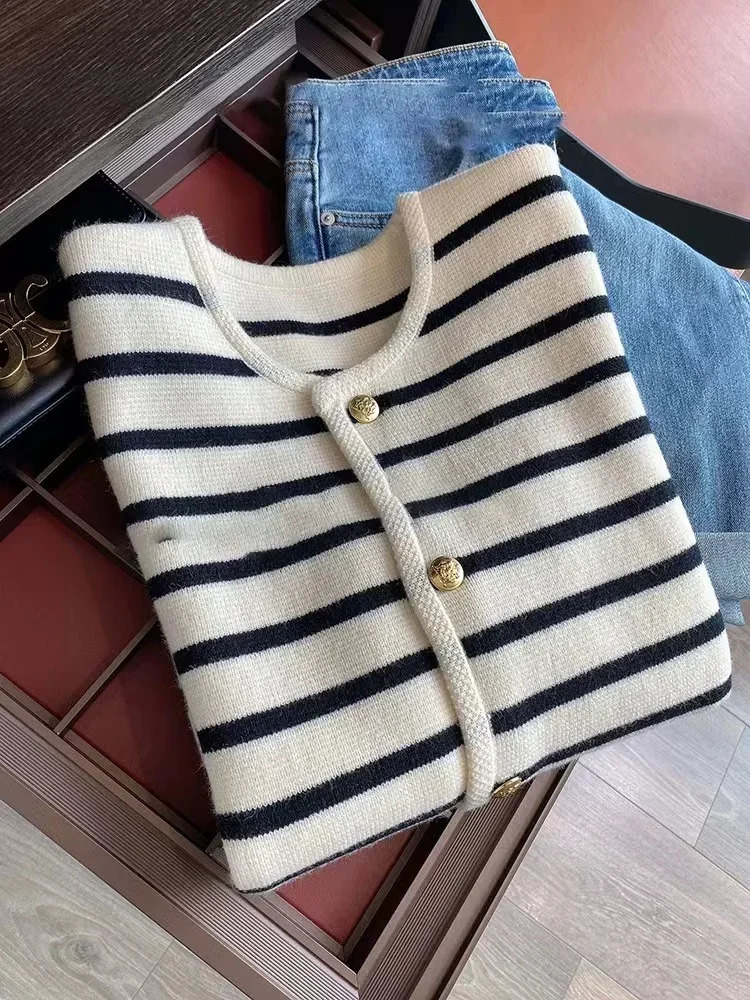 Women Singlebreasted Cardigan Sweater Knit Striped Patchwork Sweet Coat Office Fashion 250211