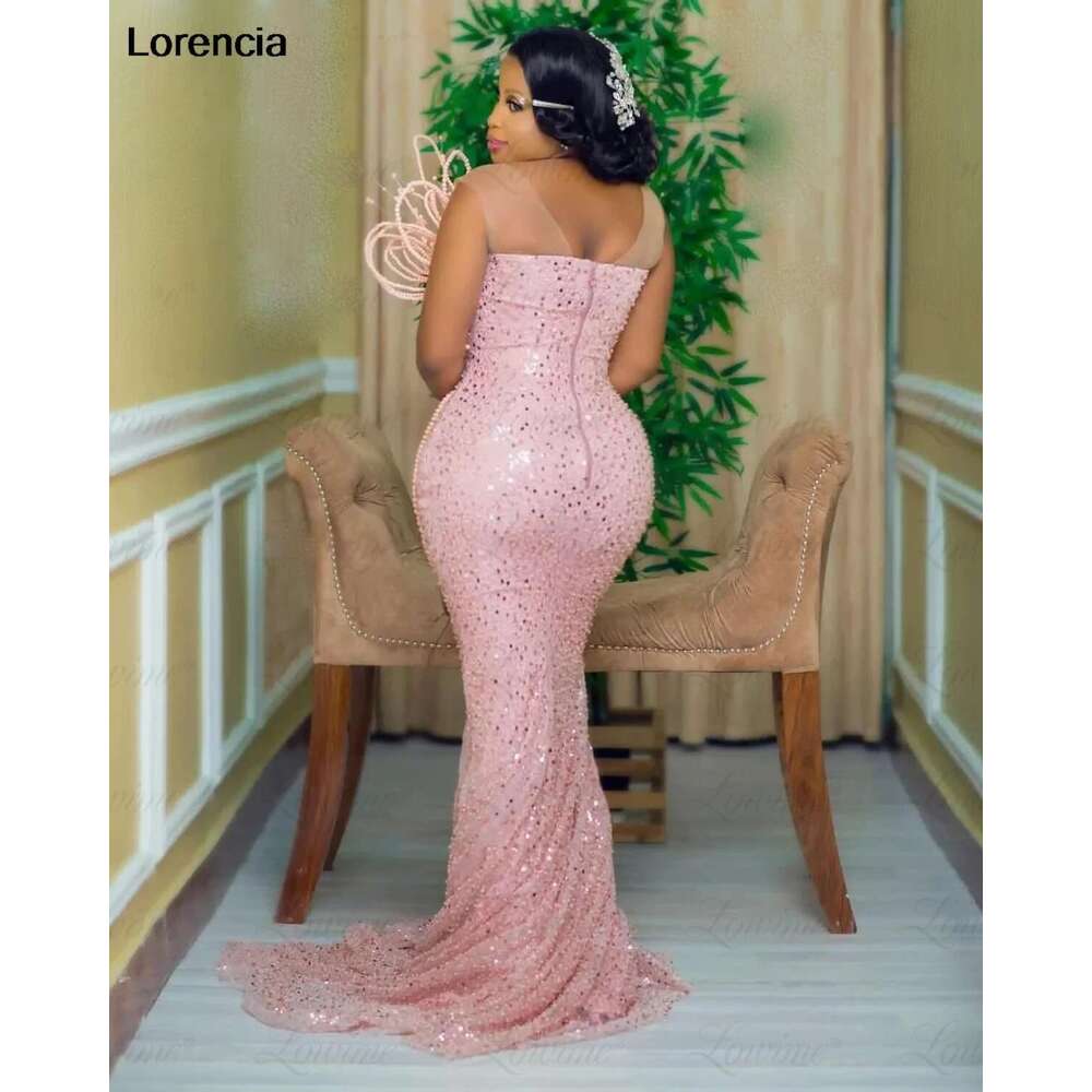Pink Customized Sequin Beaded Mermaid Prom African Women D Pearls Party Dress Aso Ebi Evening Gown Robe De Soiree YPD ress e YP
