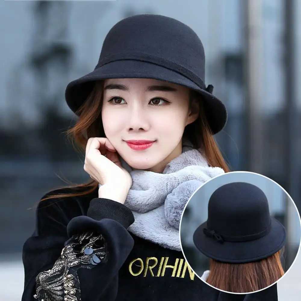 Womens Elegant Wool Felt Fedoras Hat Autumn Winter Warm Solid Color Bow Bucket Dome Cap Ladies Fashion Retro Church Top Hats W250217