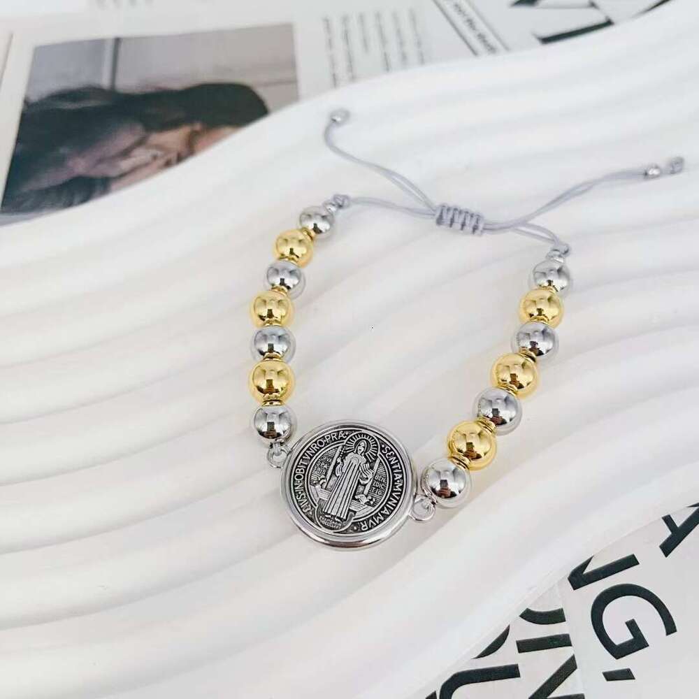 New Saint Benedict Copper Gold Sier Mixed Color Bracelet Adjustable Rope Bead Weaving Hand String Women's Jewelry
