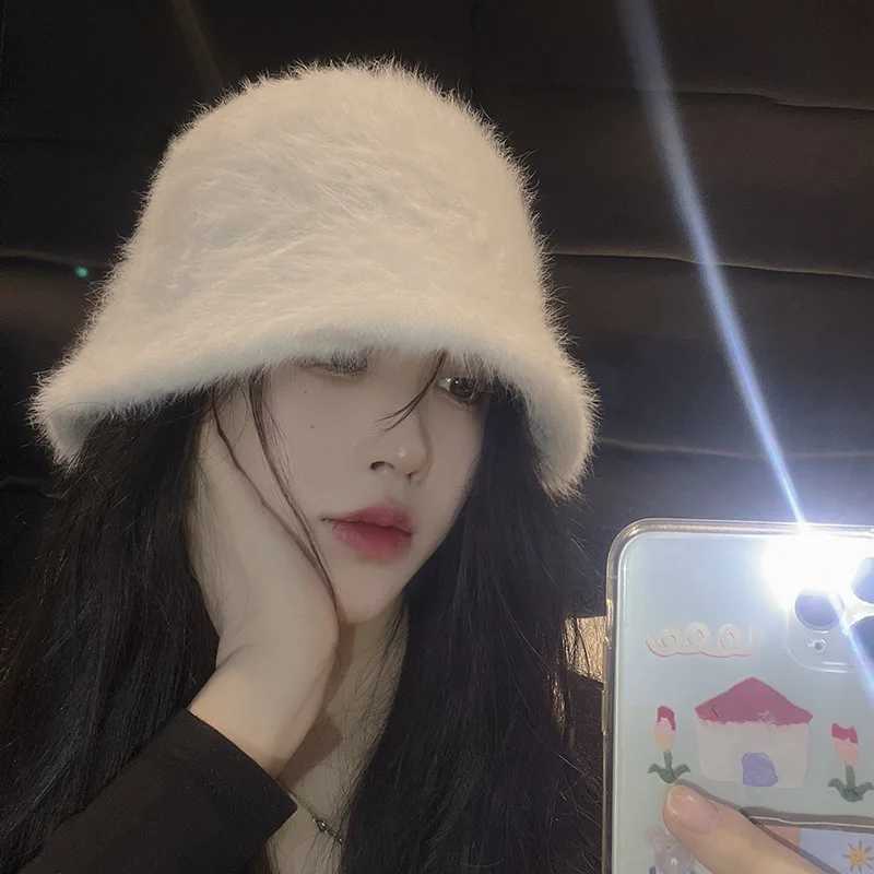 Autumn Winter Rabbit Fur Bucket Hat For Women Soft Plush Basin Cap Solid Color Female Warm Fisherman Hat W250217