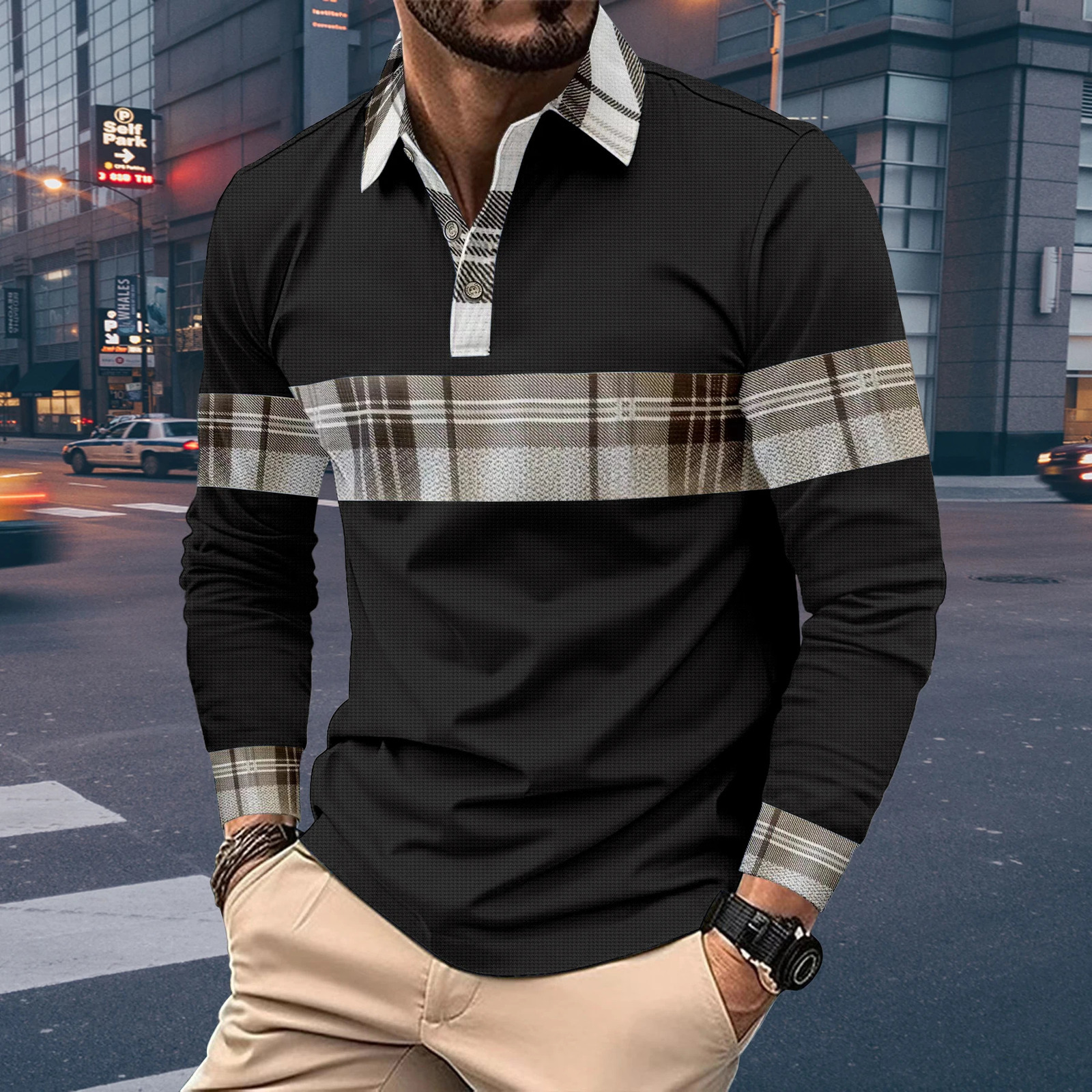 Fashionable mens Polo shirt spring and autumn lapel longsleeved casual simple style Tshirt top 250213