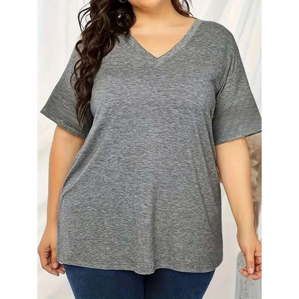 Plus Size Solid Color V-Neck T-Shirt Women Soft Stretchy Polyester Short Sleeve Casual Top - Ideal For Spring & Summer Ela