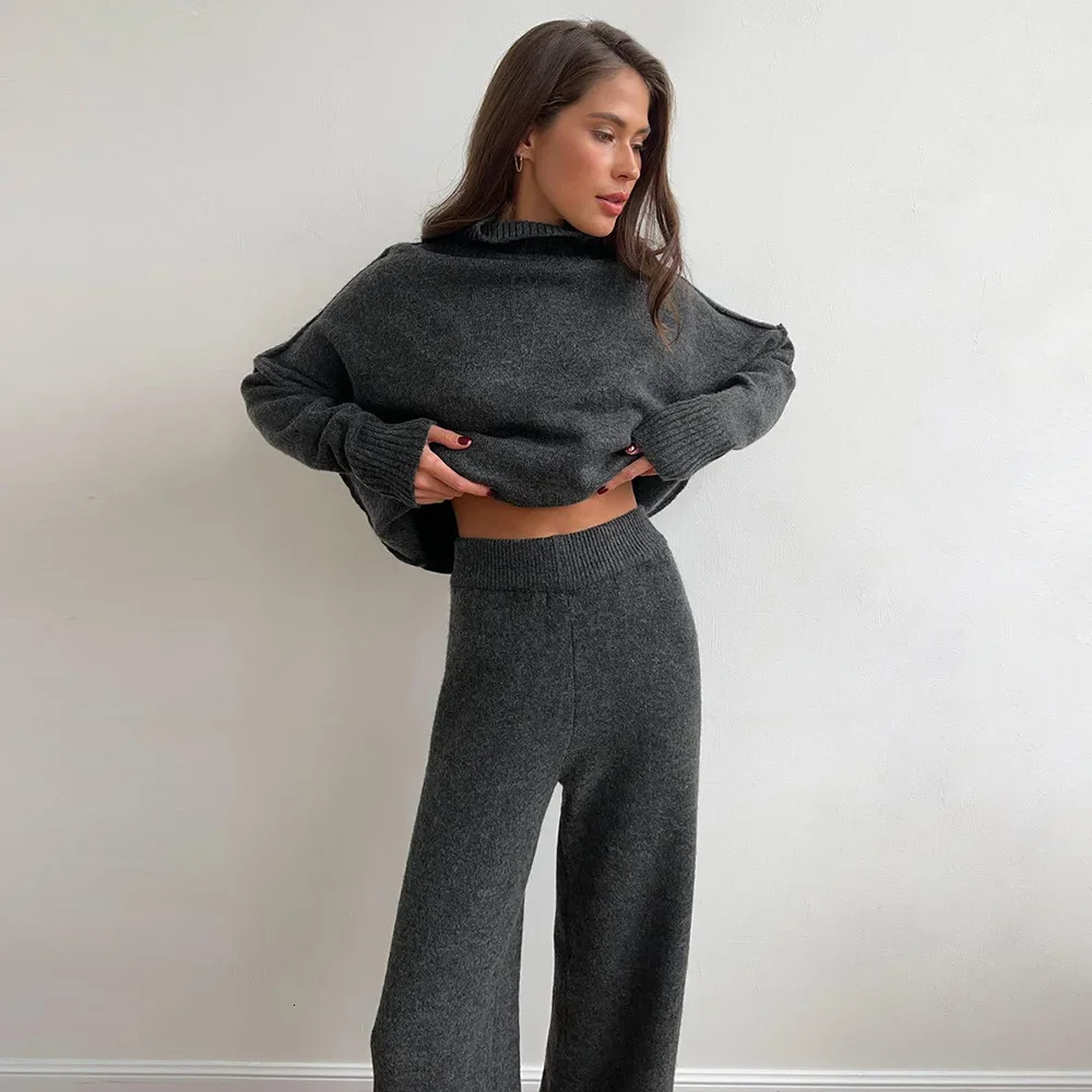 2025 turtleneck sweater set womens European American autumn and winter loose casual lazy thickened knitted trousers set 250210