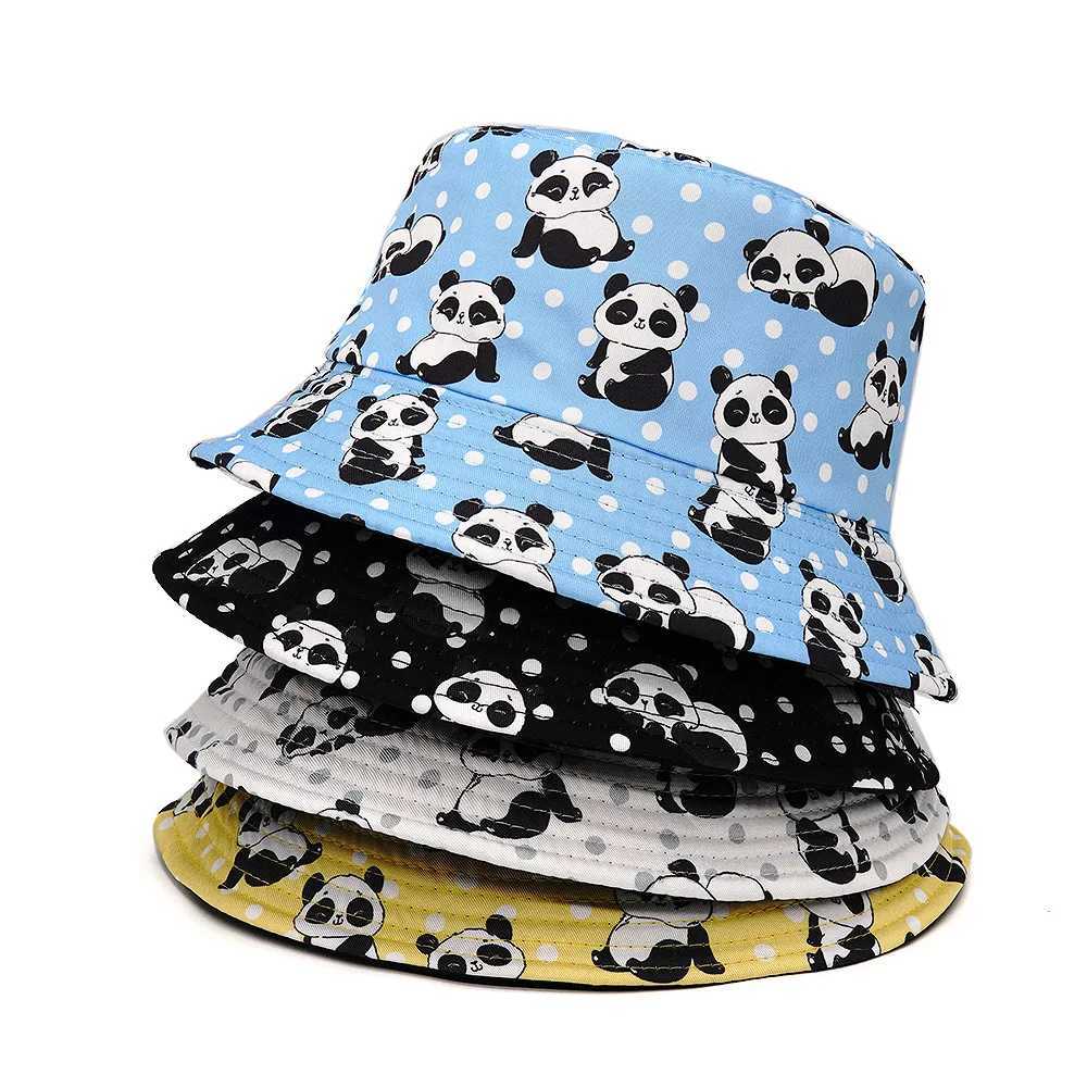 New Cartoon Panda Print Hat Childrens Fashion Versatile Sunscreen Sunshade Fishing Bucket Hat Double sided Bowl Cap W250217