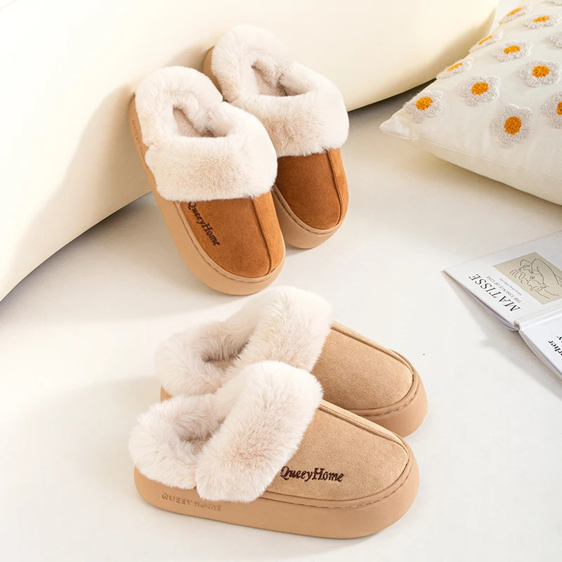 Queeyhome Winter Women Flat-Bottomed Plush Commute Solid Color Versatile Cotton Slippers Warm Cozy Indoor-Outdoor Man Shoes 250213