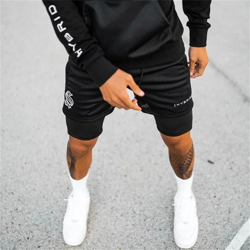 summer mesh Sports Shorts Men Doubledeck Jogging Running 2 IN 1 Mens GYM Fitness Workout Short Pants Man 250217