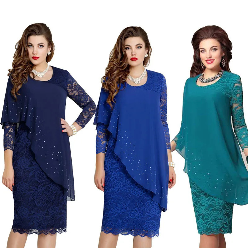 Womens Plus Size Year Knitted Dresses Mesh Lace Long Sleeve Stitching Evening Twopiece Chiffon Dress 90s 250214