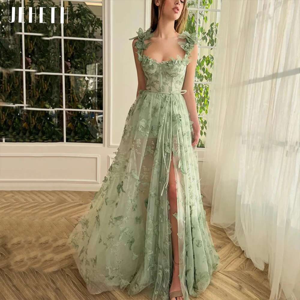 Green JEHETH Butterfly Tulle Prom Dress Spaghetti Straps Side Split Sweetheart Backless A E Evening Graduation Party Gown vening