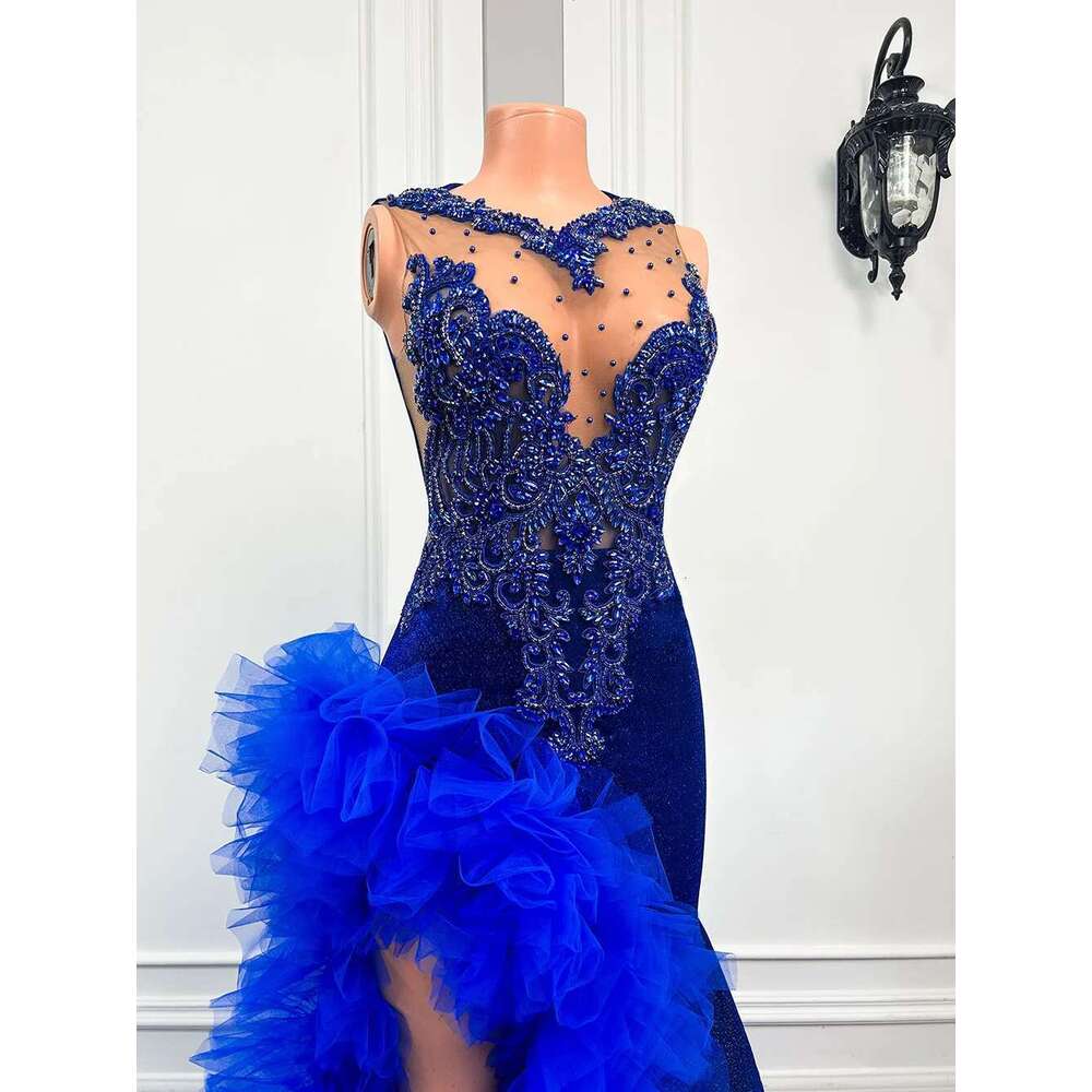 Blue Royal Prom Dress Black Girls Long Mermaid Ruffle Gown Beaded Lace High Slit