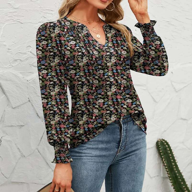 Plus Size Casual Shirt, Fully Printed Lantern Sleeve V-Neck Top, With Pleats On The Chest, Waist Cinching Slim Fit Shirt