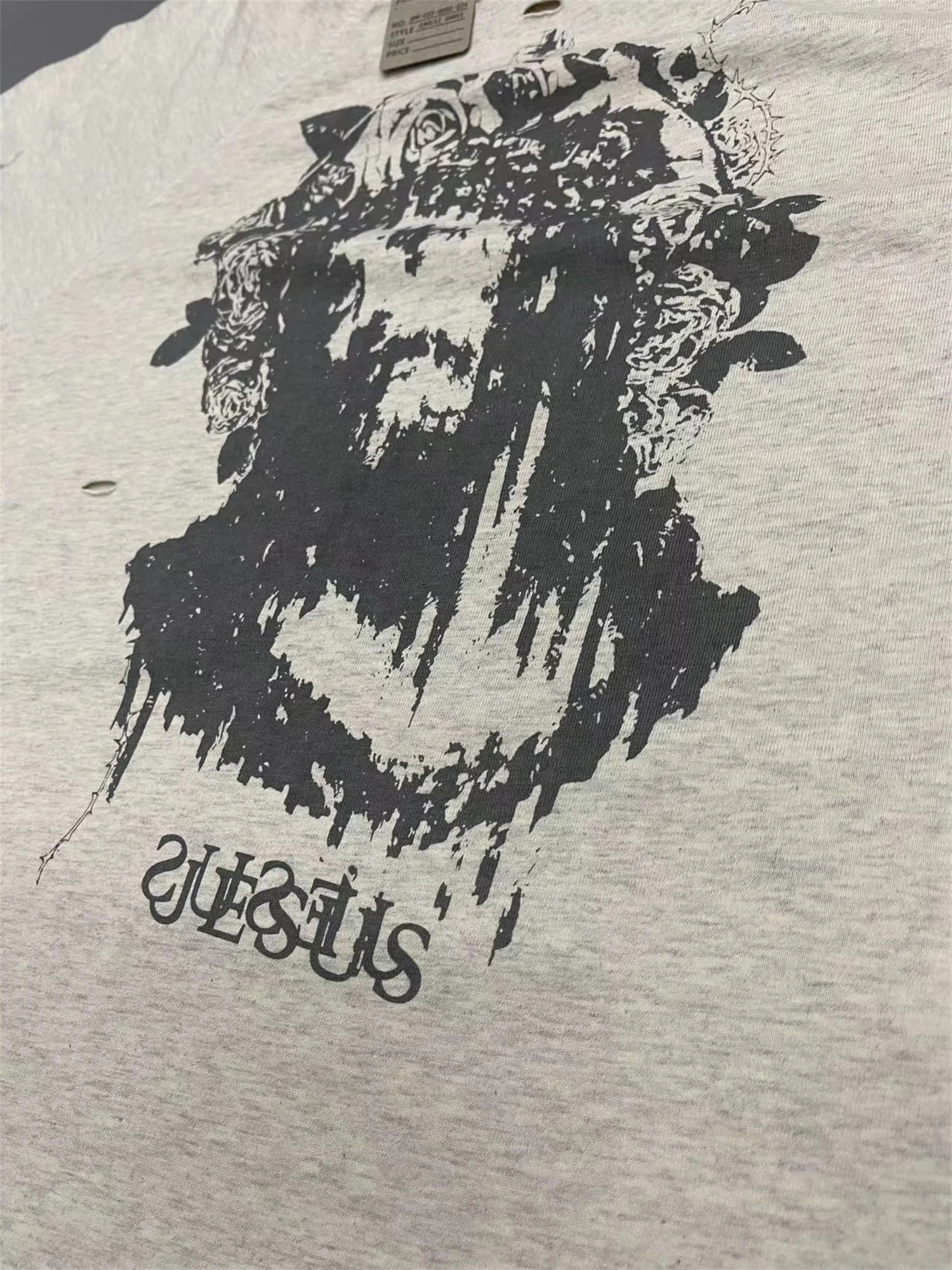 Vintage Print Retro High-Street Portrait graffiti print destroys mens washed and worn loose T-shirt 250213