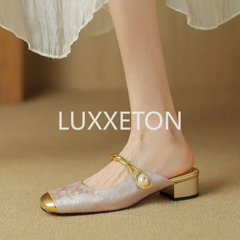 Women Baotou Half Slippers Summer Elegant Artificial Leather Barefoot Print Women Outdoor Fashion Low Heel Slippers 250213