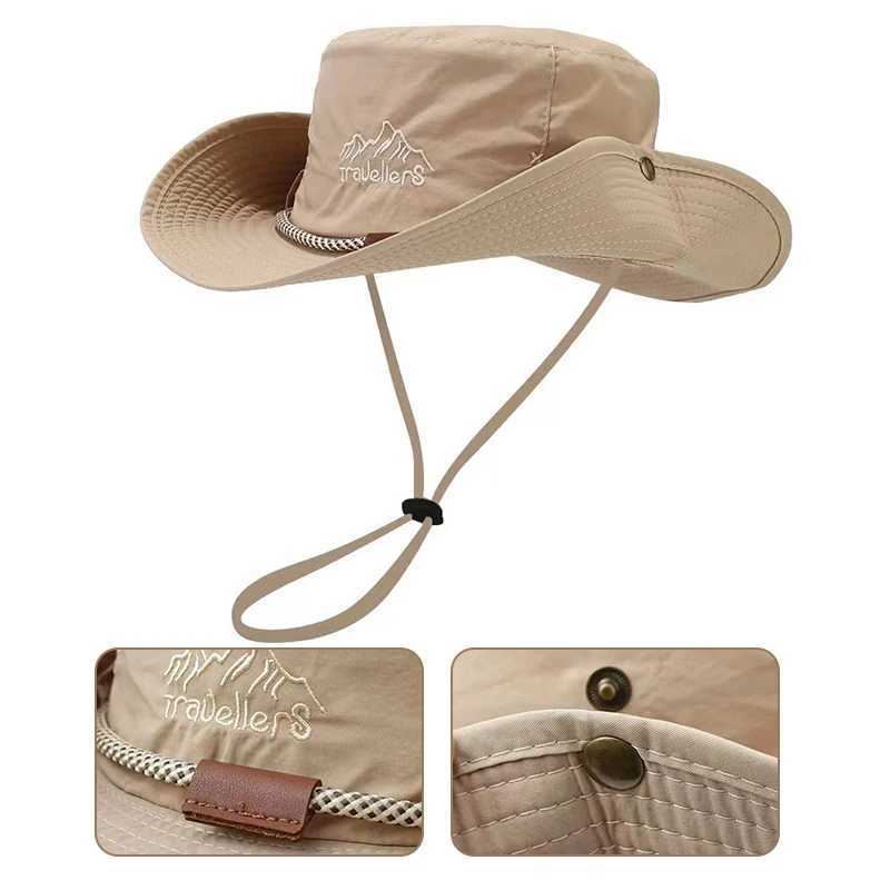 Summer Cowboy Fisherman Hat For Women Men Outdoor Fishing Hiking Cap Wide Brim Anti-UV Sun Hat with String W250217