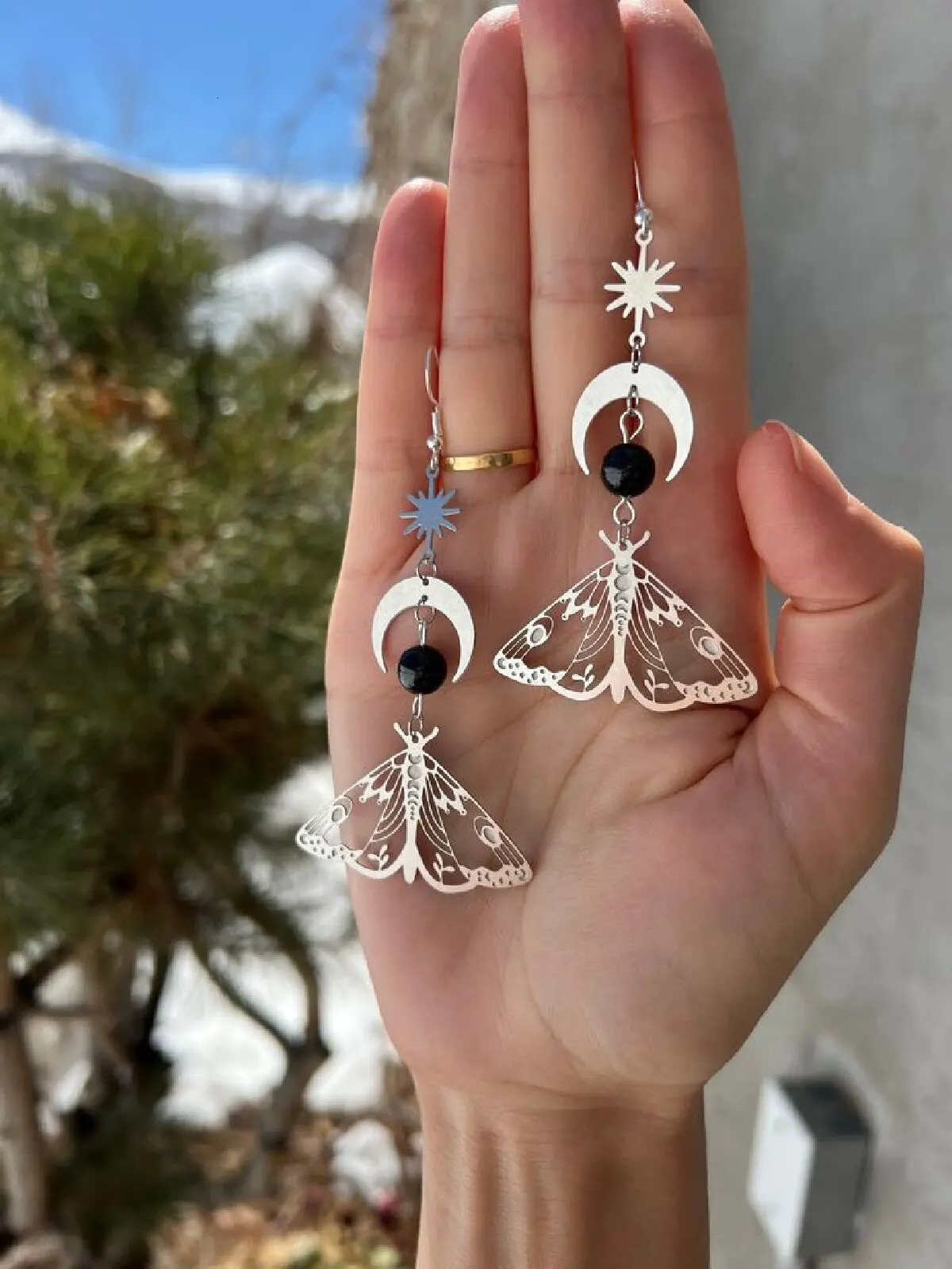 2 Pcs Fashion Moon Star Elegant Moth Insect Creative Bohemian Silver Color Copper Dangle Earrings Women Daily Party Gift Jewelry 250213