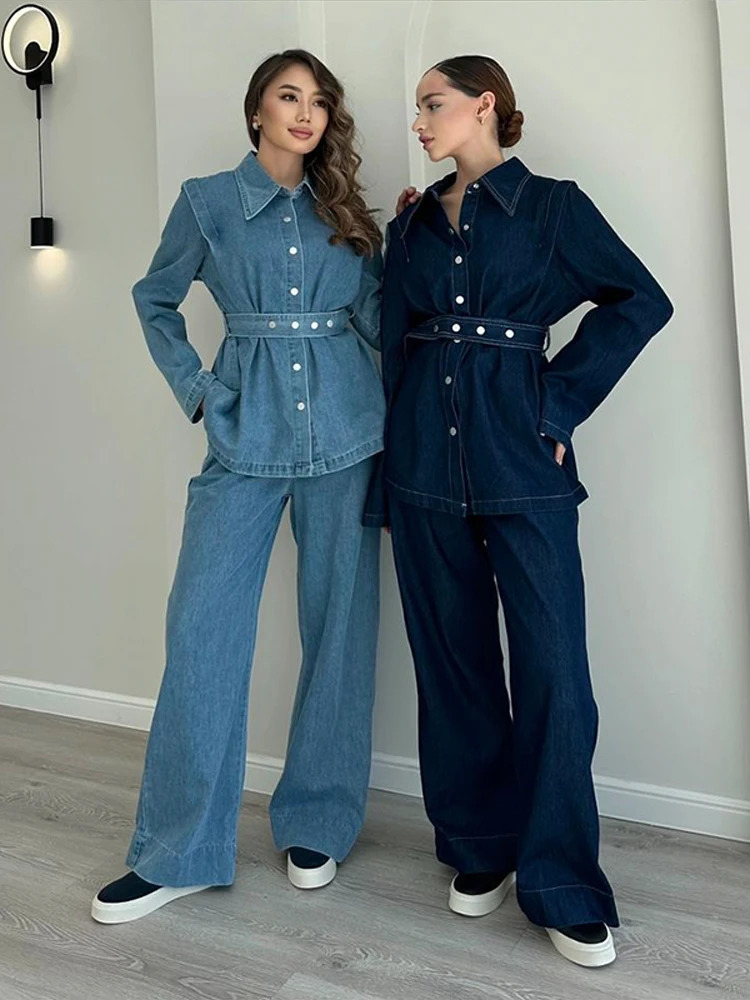 High Street Denim Suit Women 2025 Spring Summer Lapel Full Sleeves Single Breasted With Belt Jacket Wide Leg Trousers Female Set 250210