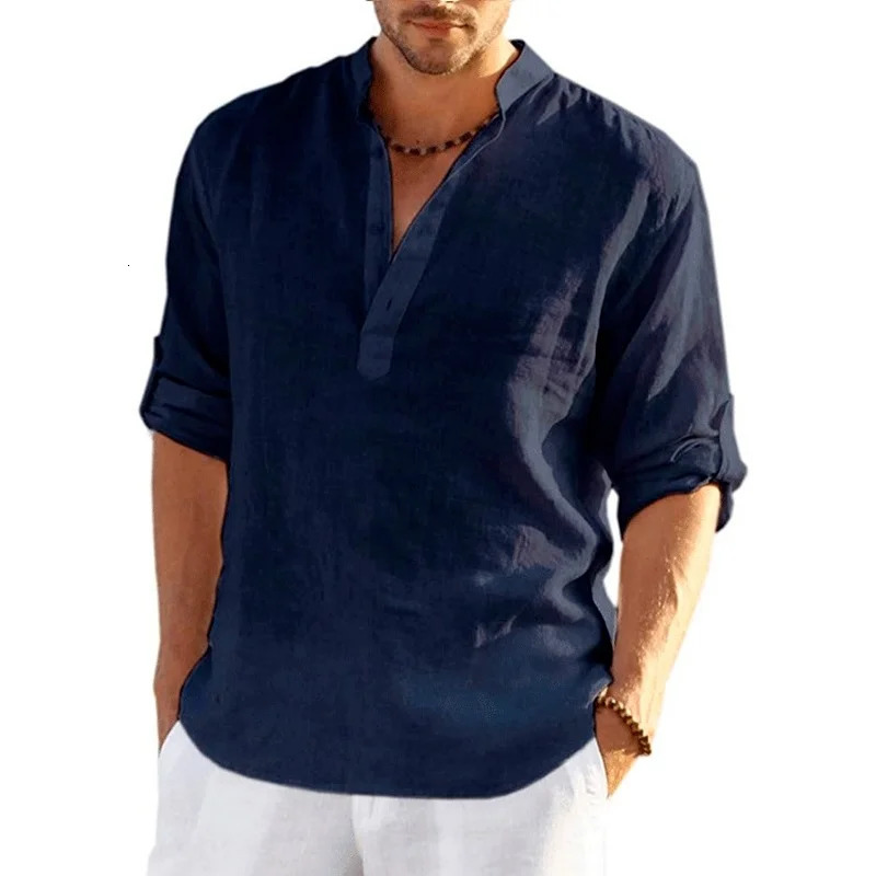 Mens Linen Long Sleeve T-Shirt Solid Color Loose Casual Shirt Long Sleeve Cotton Linen Shirt 250318