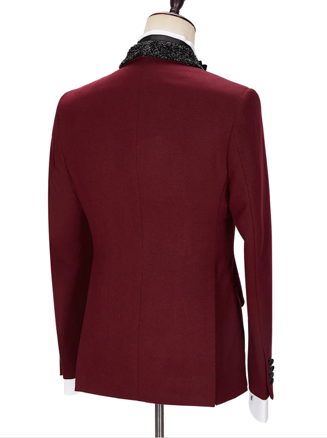 Dark Red Men Wedding Tuxedos Customized Sequined Shawl Lapel Business Groom Pants Suits Fashion Show Wear 2 Pieces